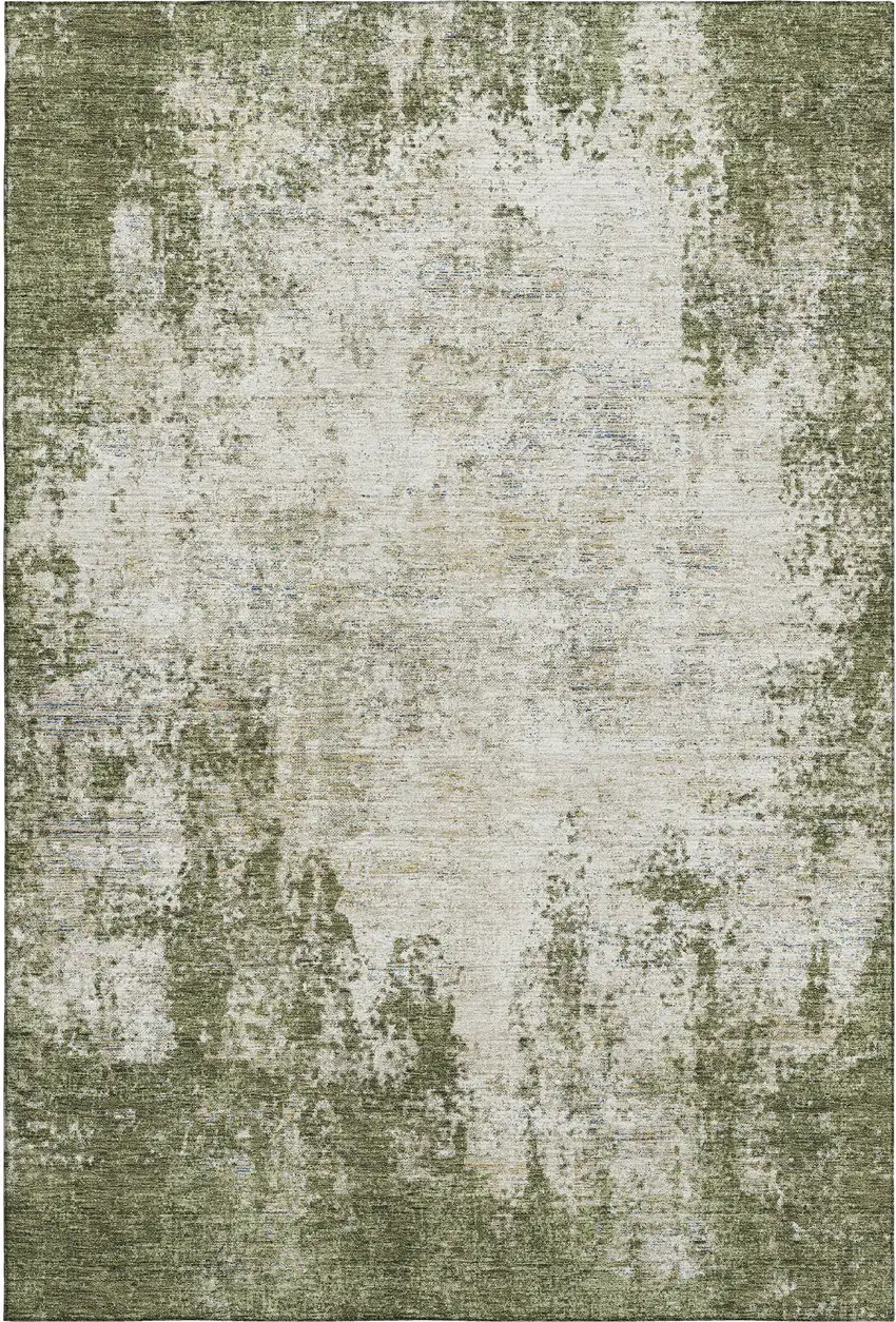 Olive Green And Ivory Abstract Washable Area Rug With UV Protection Photo 4