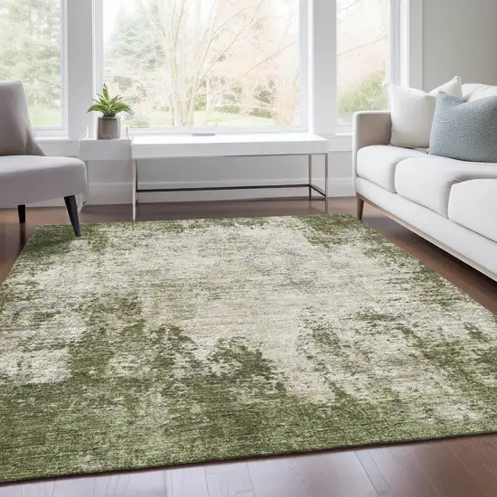 Olive Green And Ivory Abstract Washable Area Rug With UV Protection Photo 4