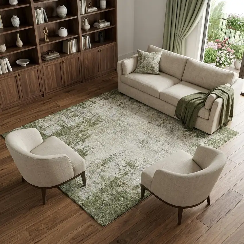 Olive Green And Ivory Abstract Washable Area Rug With UV Protection Photo 1