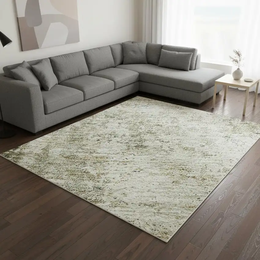 Olive Green And Ivory Abstract Washable Area Rug With UV Protection Photo 2