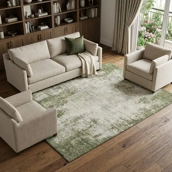 Olive Green And Ivory Abstract Washable Area Rug With UV Protection Photo 1