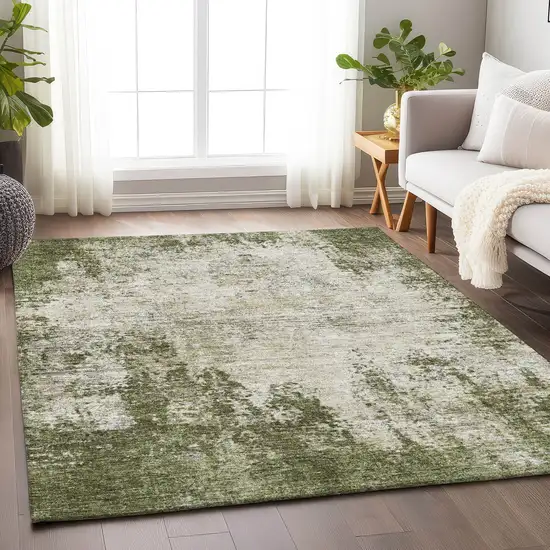 Olive Green And Ivory Abstract Washable Area Rug With UV Protection Photo 4