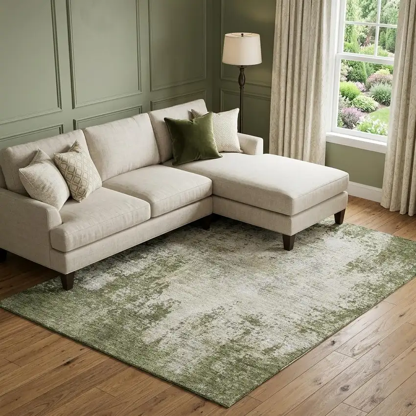 Olive Green And Ivory Abstract Washable Area Rug With UV Protection Photo 1