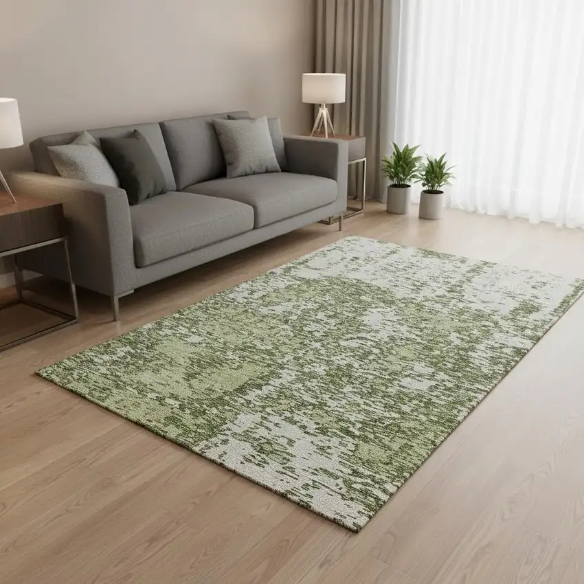 Olive Green And Ivory Abstract Washable Area Rug With UV Protection Photo 2