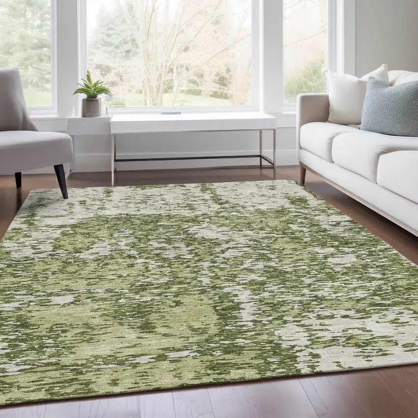 Olive Green And Ivory Abstract Washable Area Rug With UV Protection Photo 5