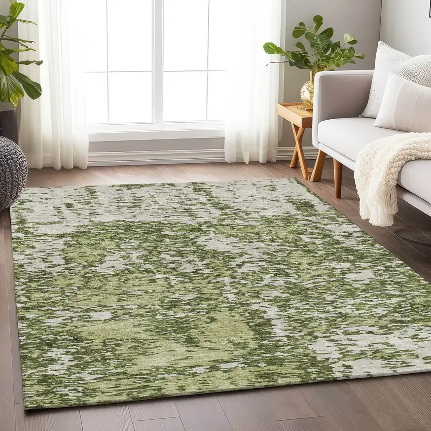 Olive Green And Ivory Abstract Washable Area Rug With UV Protection Photo 4