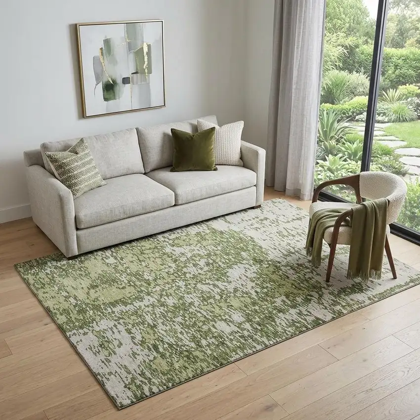 Olive Green And Ivory Abstract Washable Area Rug With UV Protection Photo 1