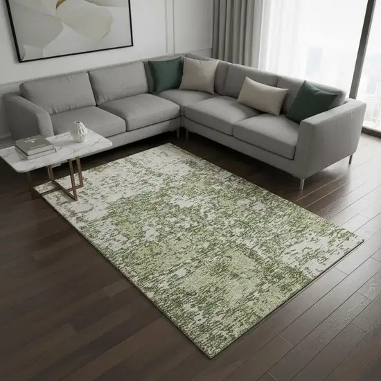 Olive Green And Ivory Abstract Washable Area Rug With UV Protection Photo 2