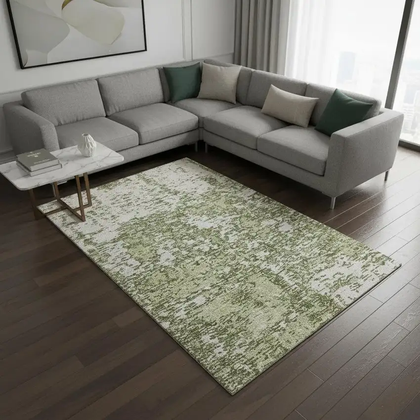 Olive Green And Ivory Abstract Washable Area Rug With UV Protection Photo 2