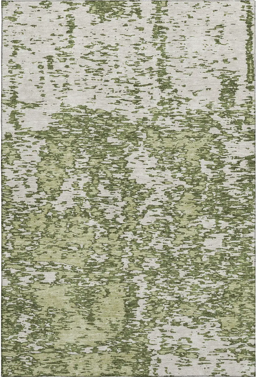 Olive Green And Ivory Abstract Washable Area Rug With UV Protection Photo 1