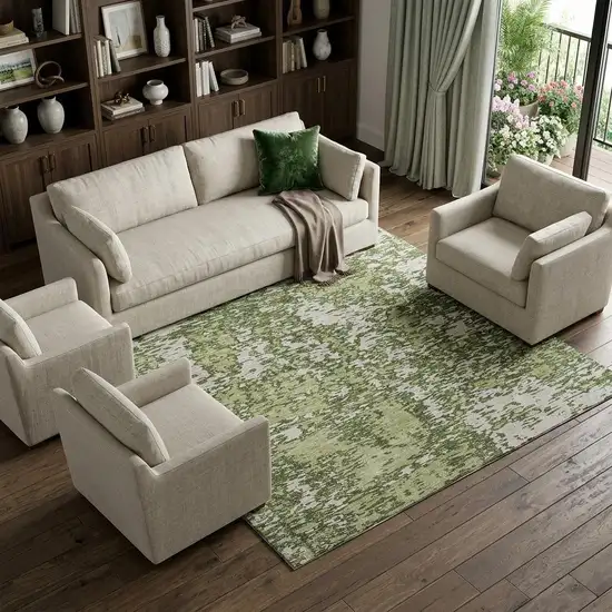 Olive Green And Ivory Abstract Washable Area Rug With UV Protection Photo 1