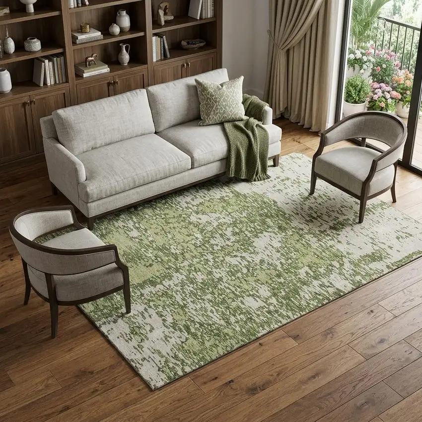 Olive Green And Ivory Abstract Washable Area Rug With UV Protection Photo 1