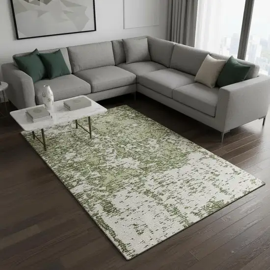 Olive Green And Ivory Abstract Washable Area Rug With UV Protection Photo 2