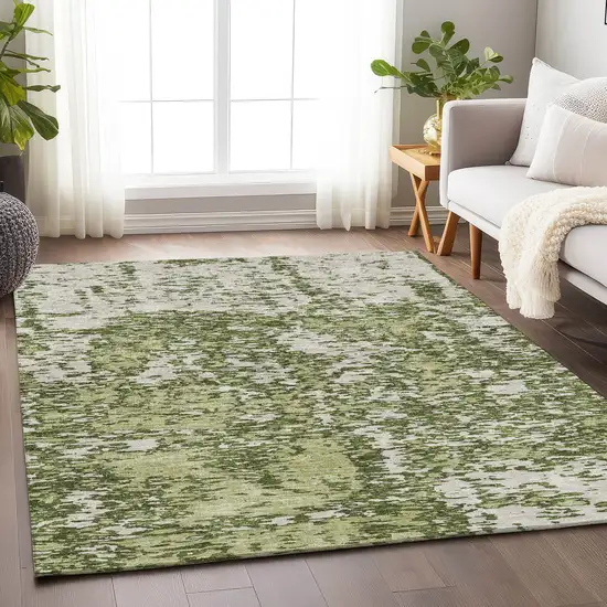 Olive Green And Ivory Abstract Washable Area Rug With UV Protection Photo 4