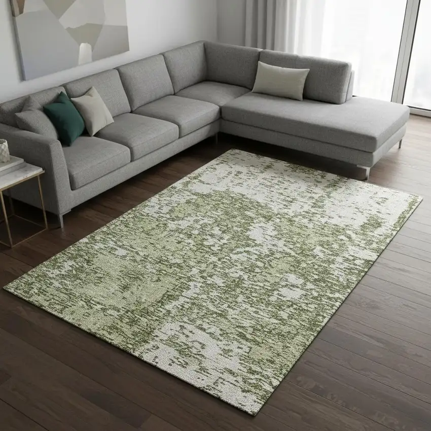 Olive Green And Ivory Abstract Washable Area Rug With UV Protection Photo 2