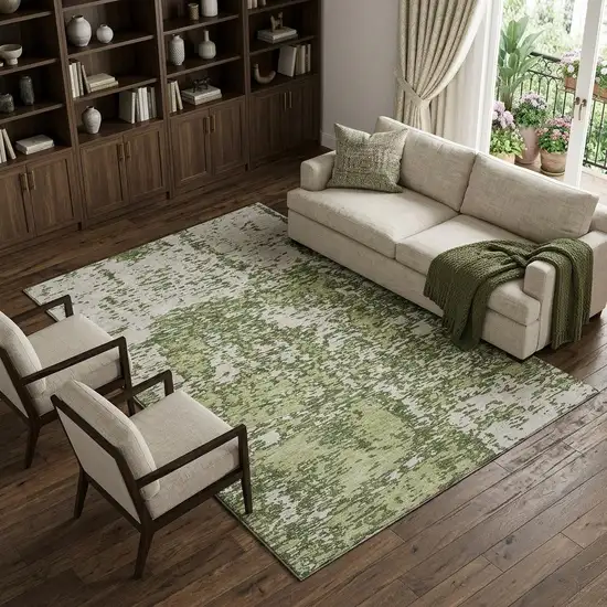 Olive Green And Ivory Abstract Washable Area Rug With UV Protection Photo 1