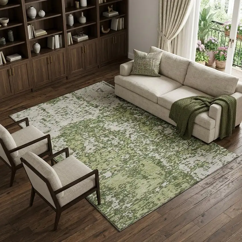Olive Green And Ivory Abstract Washable Area Rug With UV Protection Photo 1