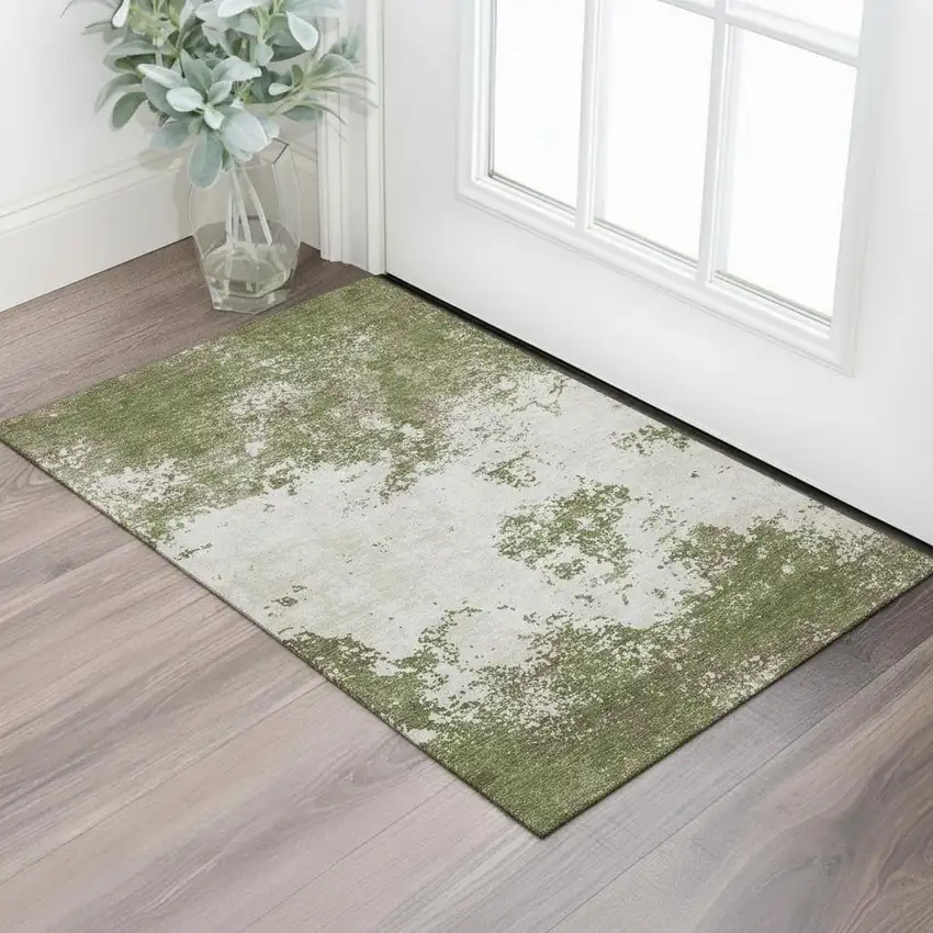 Olive Green And Ivory Abstract Washable Area Rug With UV Protection Photo 2