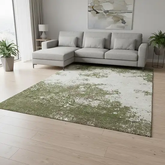 Olive Green And Ivory Abstract Washable Area Rug With UV Protection Photo 2
