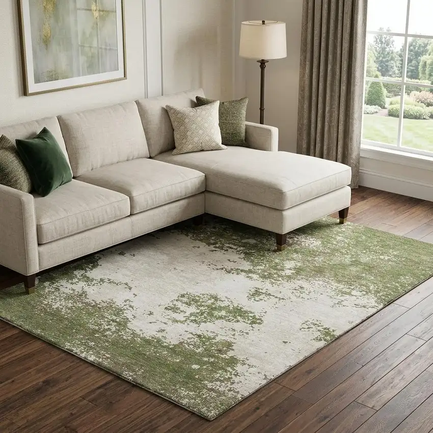 Olive Green And Ivory Abstract Washable Area Rug With UV Protection Photo 1