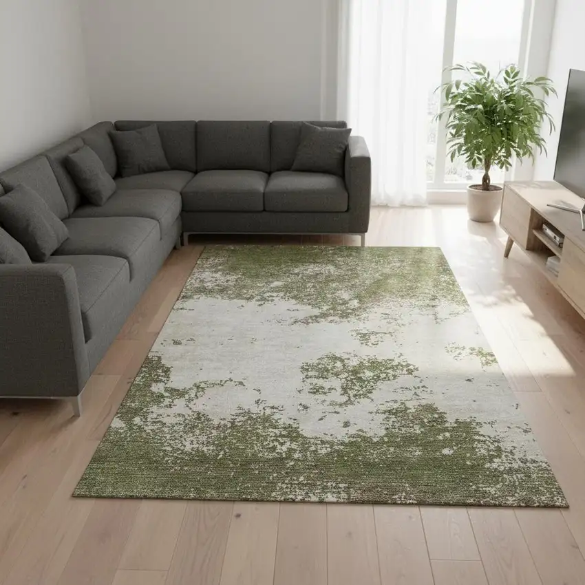 Olive Green And Ivory Abstract Washable Area Rug With UV Protection Photo 2