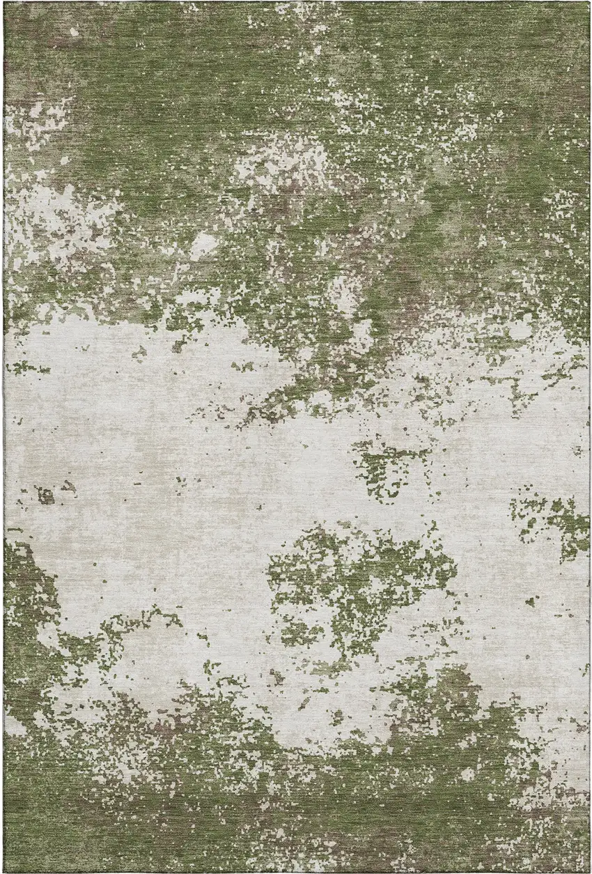 Olive Green And Ivory Abstract Washable Area Rug With UV Protection Photo 1