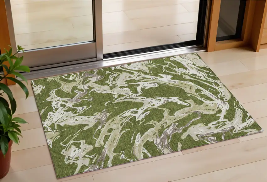Olive Green And Ivory Abstract Washable Indoor Outdoor Area Rug Photo 1