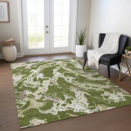 Olive Green And Ivory Abstract Washable Indoor Outdoor Area Rug Photo 9