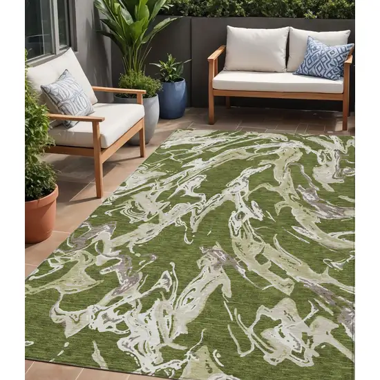 Olive Green And Ivory Abstract Washable Indoor Outdoor Area Rug Photo 1