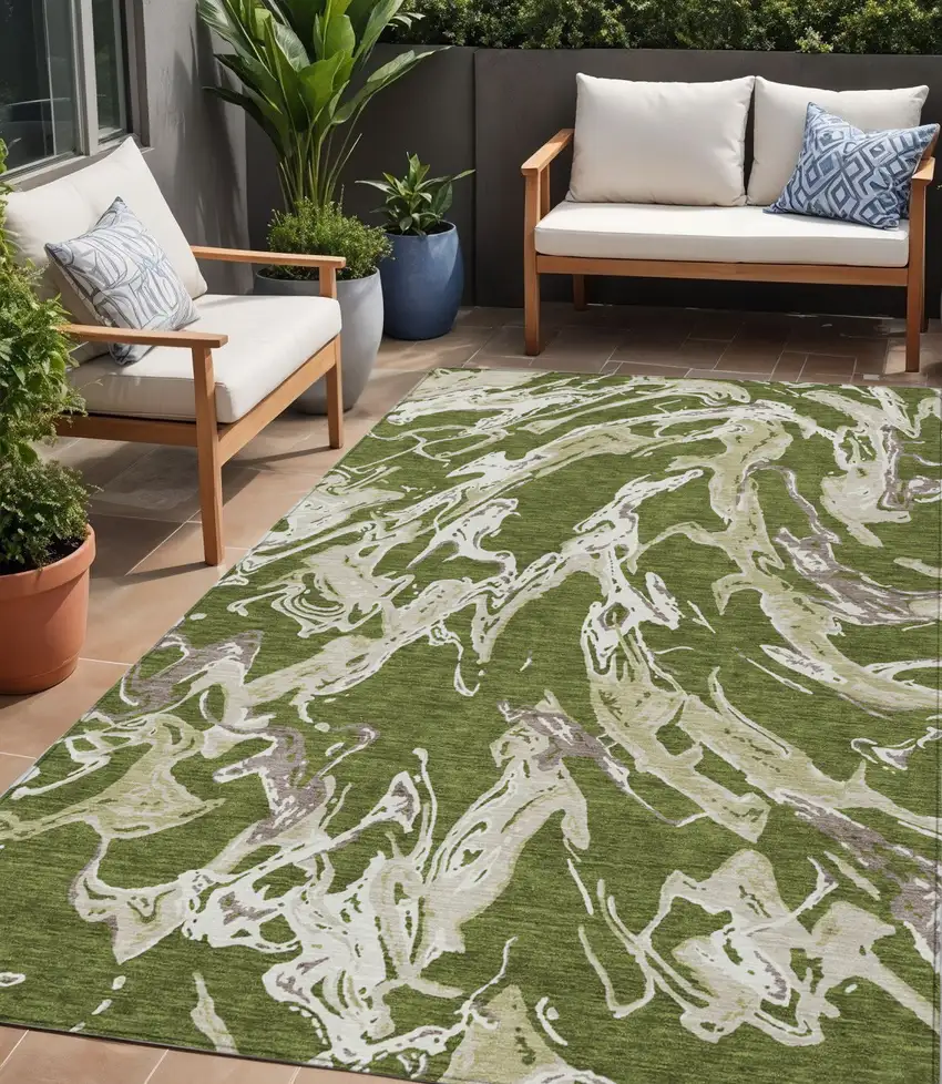 Olive Green And Ivory Abstract Washable Indoor Outdoor Area Rug Photo 1