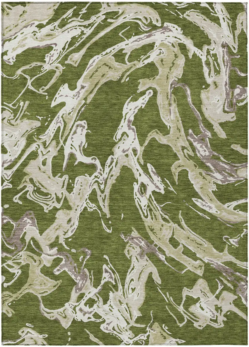 Olive Green And Ivory Abstract Washable Indoor Outdoor Area Rug Photo 2