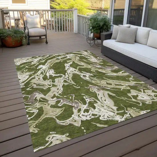 Olive Green And Ivory Abstract Washable Indoor Outdoor Area Rug Photo 9
