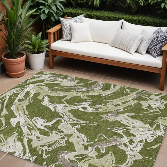 Olive Green And Ivory Abstract Washable Indoor Outdoor Area Rug Photo 1