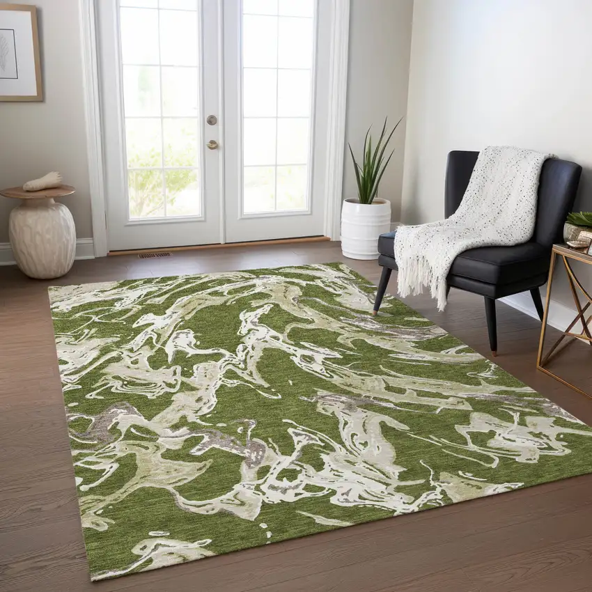 Olive Green And Ivory Abstract Washable Indoor Outdoor Area Rug Photo 9