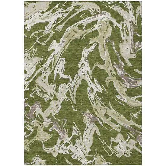 Olive Green And Ivory Abstract Washable Indoor Outdoor Area Rug Photo 2