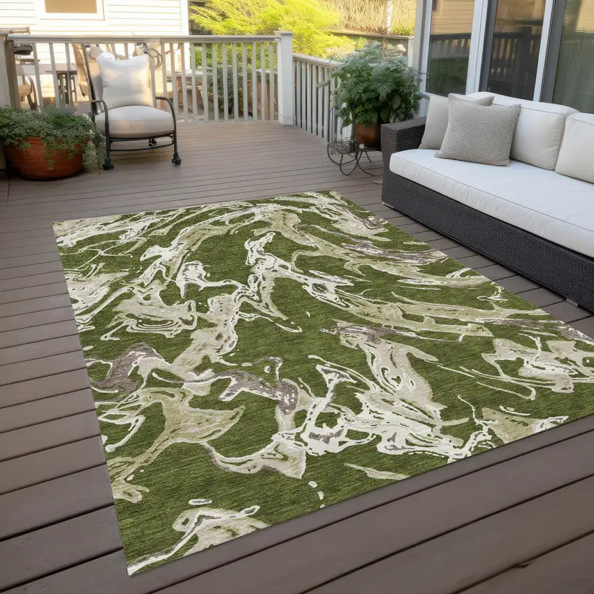 Olive Green And Ivory Abstract Washable Indoor Outdoor Area Rug Photo 9