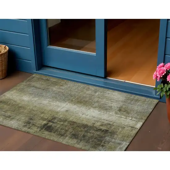 Olive Green And Ivory Abstract Washable Indoor Outdoor Area Rug Photo 2