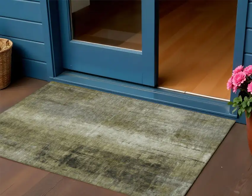 Olive Green And Ivory Abstract Washable Indoor Outdoor Area Rug Photo 2