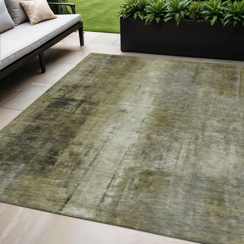 Olive Green And Ivory Abstract Washable Indoor Outdoor Area Rug Photo 2