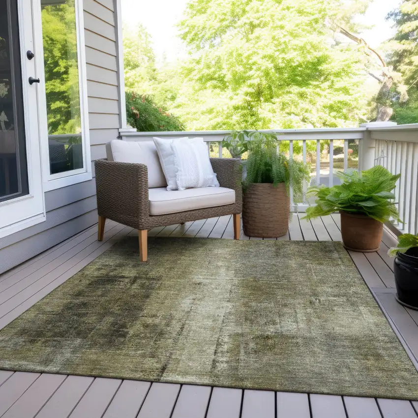 Olive Green And Ivory Abstract Washable Indoor Outdoor Area Rug Photo 8