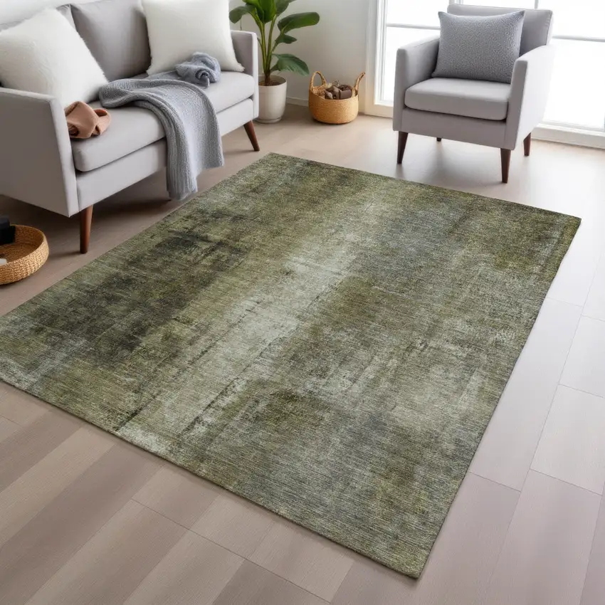 Olive Green And Ivory Abstract Washable Indoor Outdoor Area Rug Photo 6