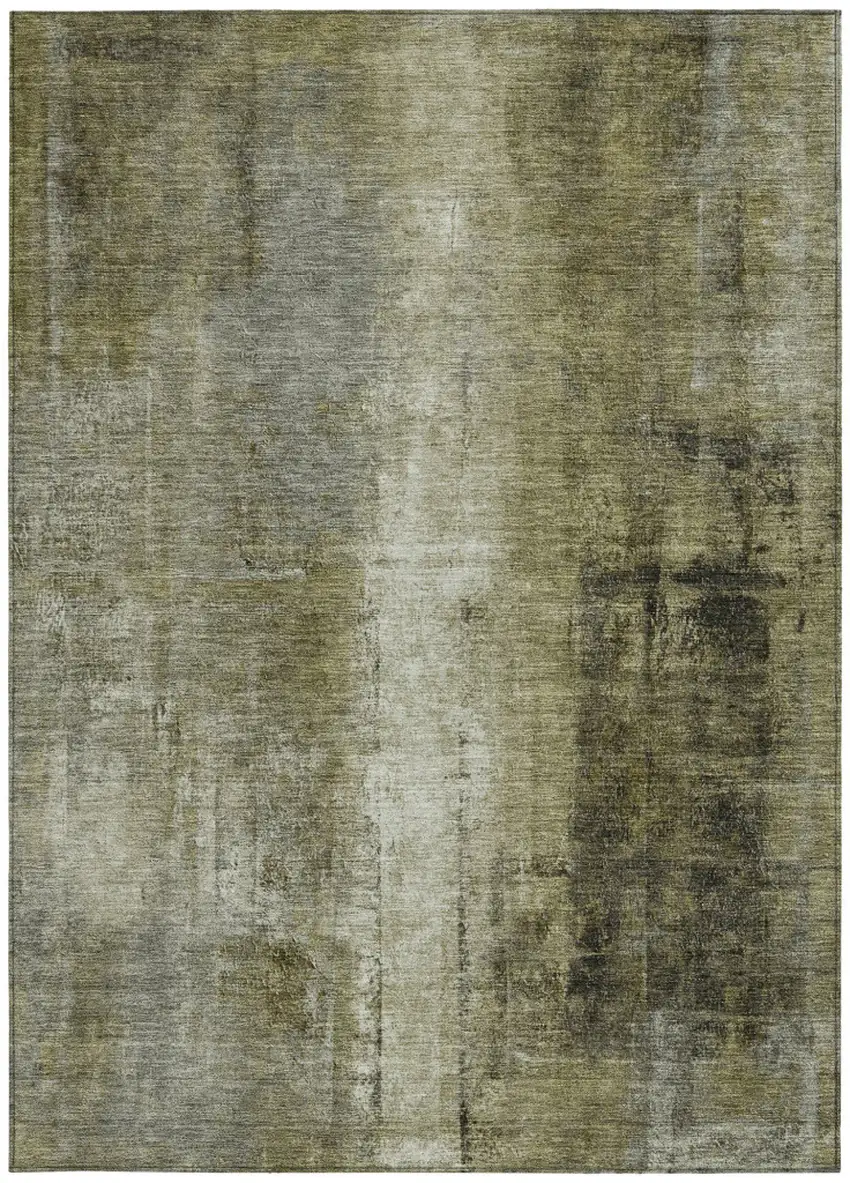 Olive Green And Ivory Abstract Washable Indoor Outdoor Area Rug Photo 4