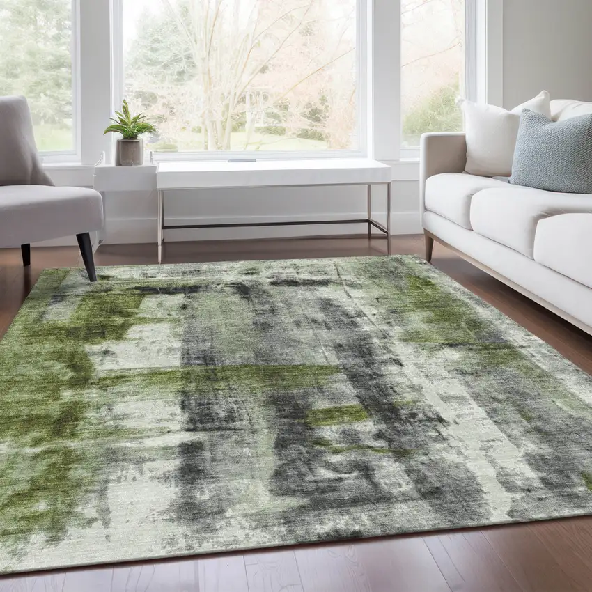 Olive Green And Ivory Abstract Washable Indoor Outdoor Area Rug Photo 7