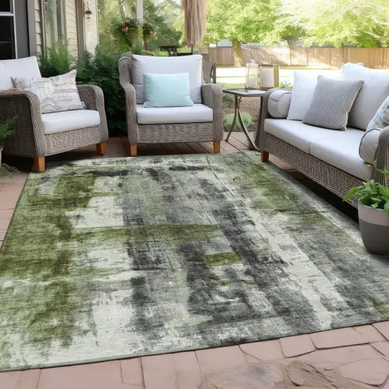 Olive Green And Ivory Abstract Washable Indoor Outdoor Area Rug Photo 5