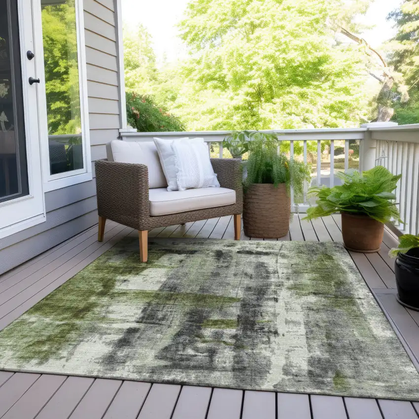 Olive Green And Ivory Abstract Washable Indoor Outdoor Area Rug Photo 8
