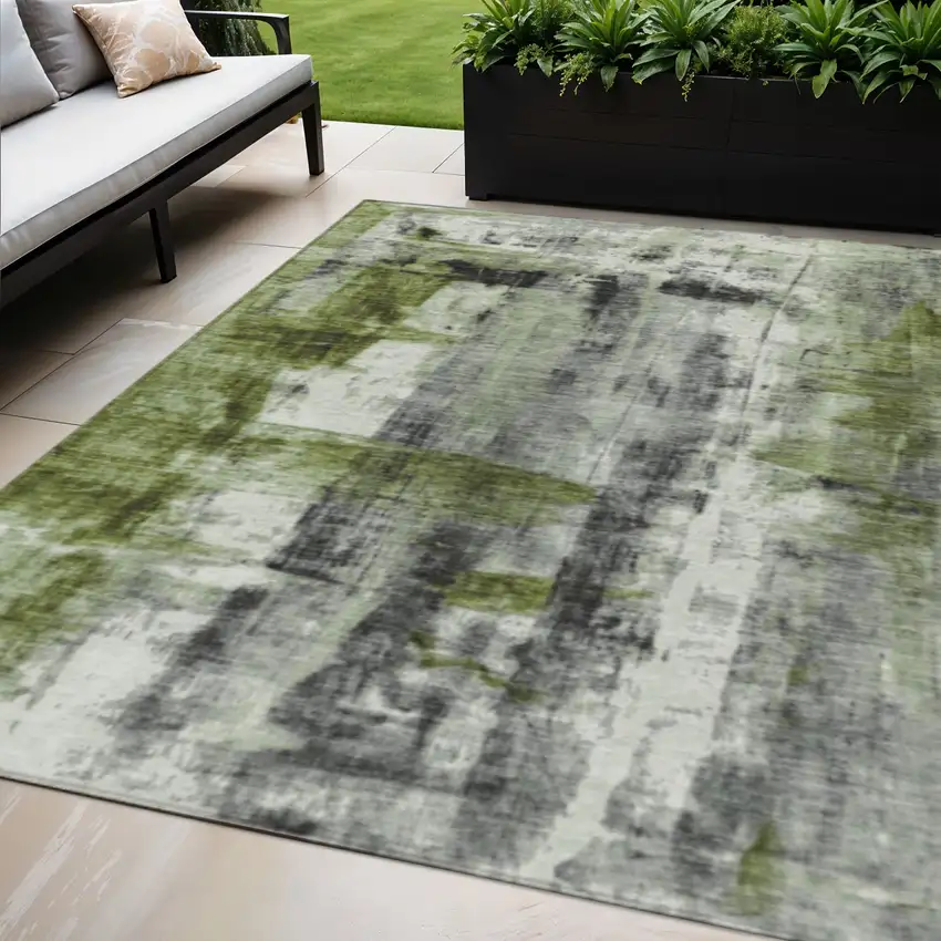 Olive Green And Ivory Abstract Washable Indoor Outdoor Area Rug Photo 2