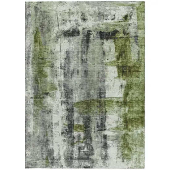 Olive Green And Ivory Abstract Washable Indoor Outdoor Area Rug Photo 3
