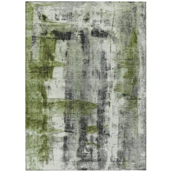 Olive Green And Ivory Abstract Washable Indoor Outdoor Area Rug Photo 1