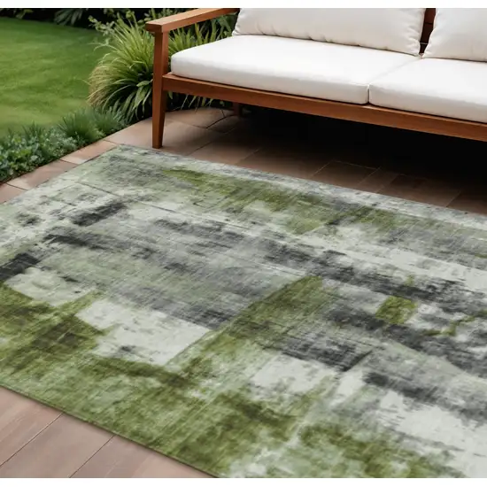 Olive Green And Ivory Abstract Washable Indoor Outdoor Area Rug Photo 2