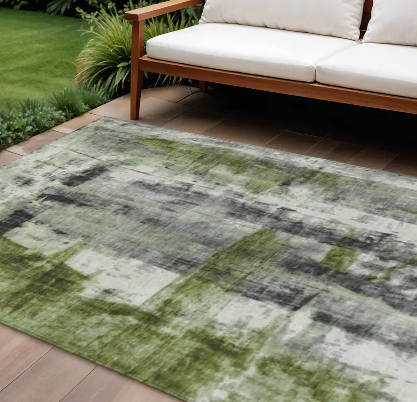 Olive Green And Ivory Abstract Washable Indoor Outdoor Area Rug Photo 2